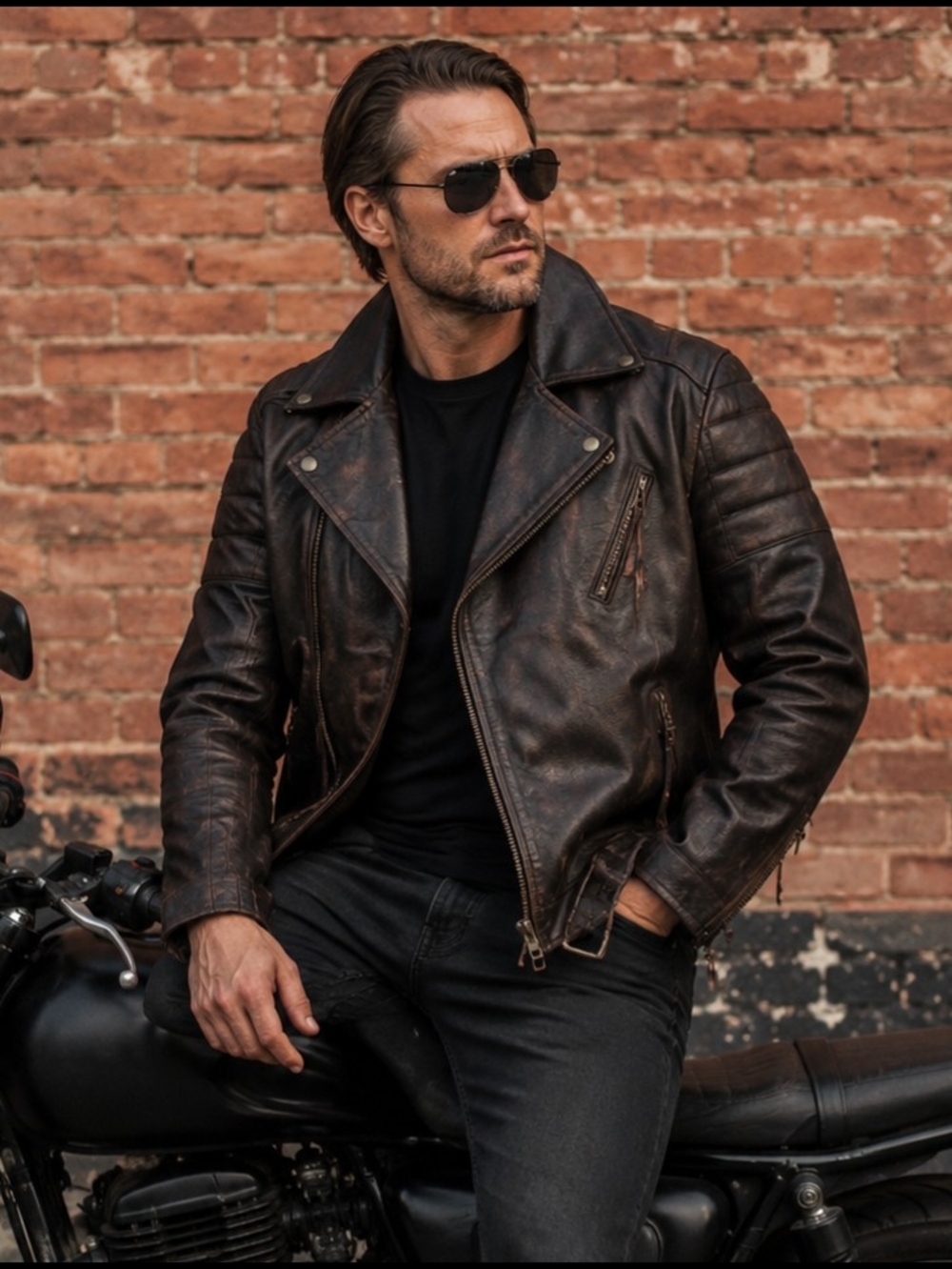 RL Real Leather Mens Brown Biker Jacket Distressed Rub Off Moto Brando Sz M